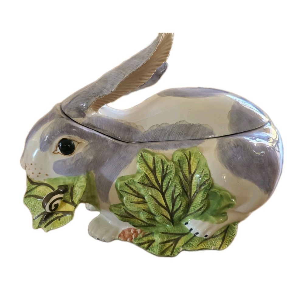 Vintage Italian Mottahedeh Majolica Bunny Rabbit & Foliage Tureen 12"x7"x8.75"